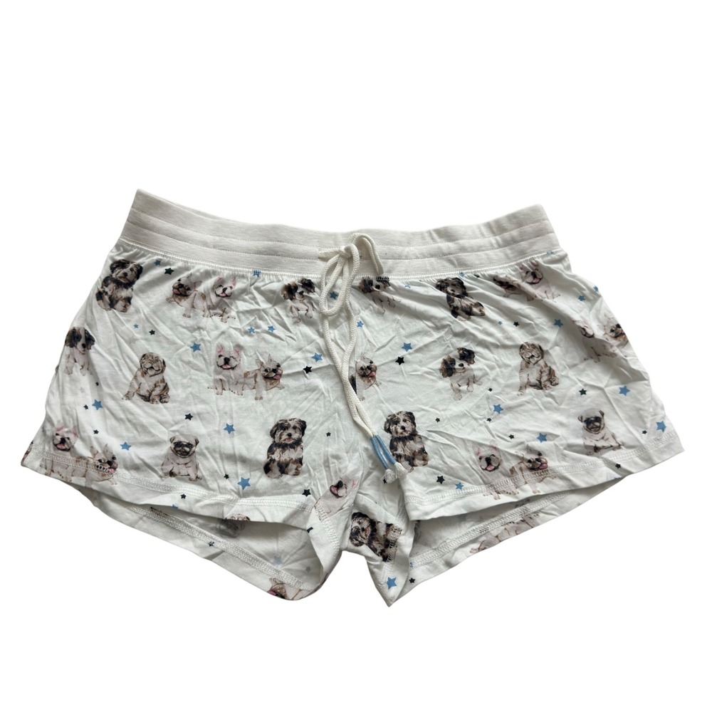 PJ Salvage Women Puppy Dog Print Pajama Shorts White Blue Stars‎ Size M